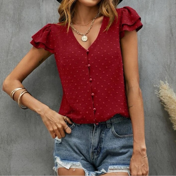 Boho burgundy Swiss dot butterfly sleeve blouse - Picture 4 of 5